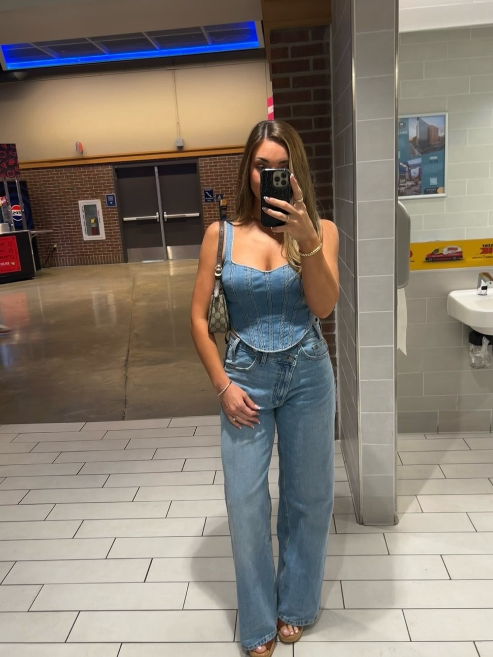 Zara Light Blue Denim Criss Cross Waist Wide Leg Jeans